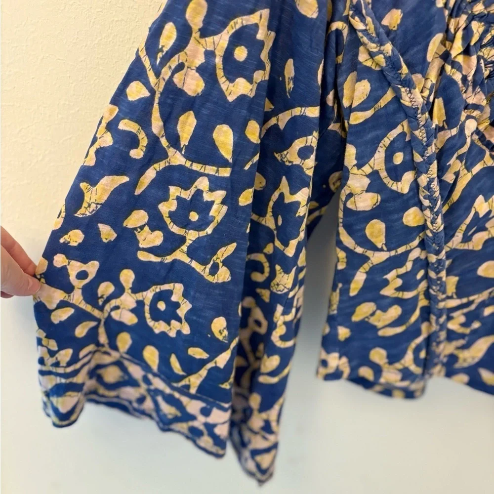 Free People On The Block Blue Combo Bell Sleeve Blouse | Size S